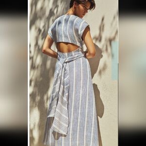 Three Graces Linen White Blue Stripe Sleeveless Wrap Tie Front Midi Dress Size 6
